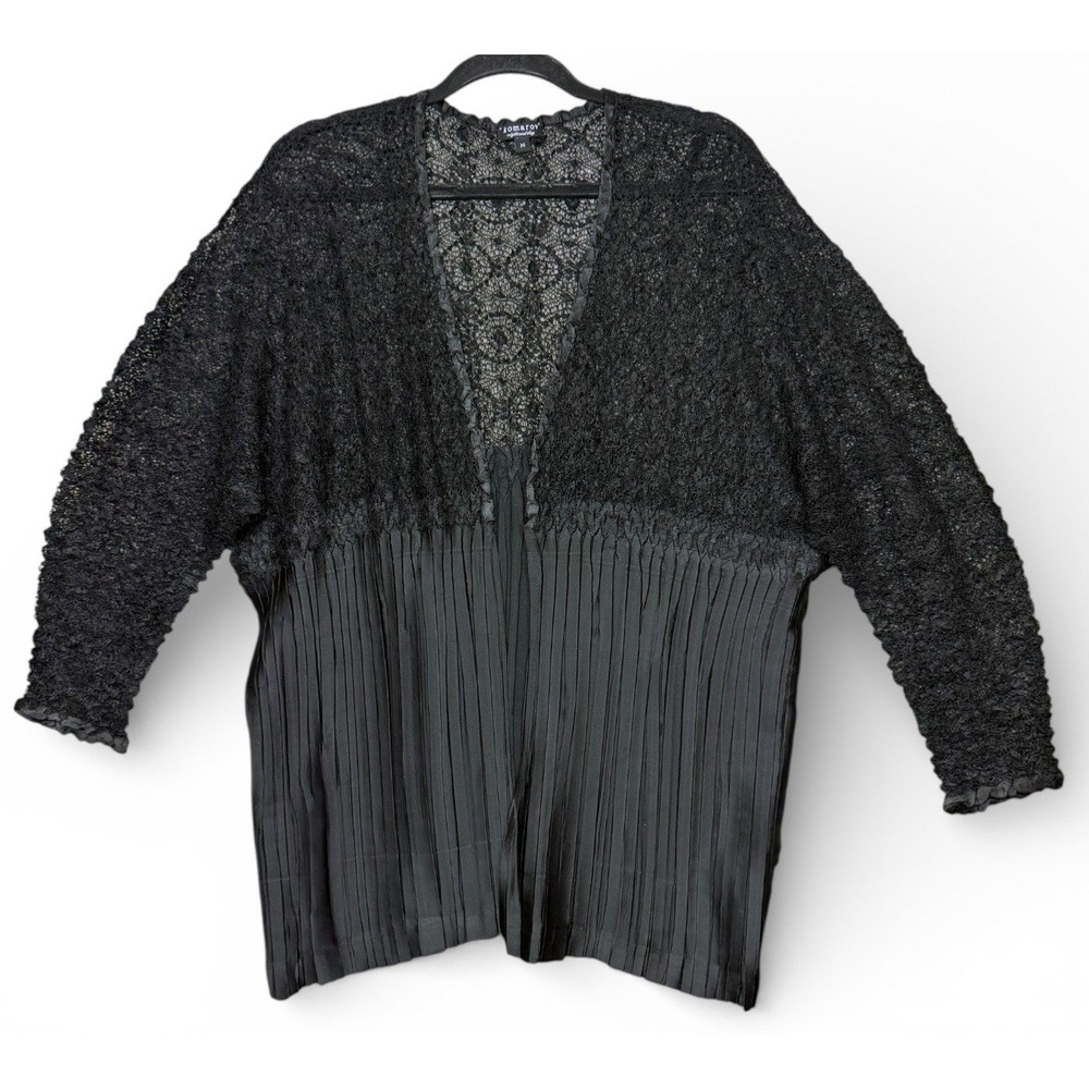 Komarov Night and Day Lace Pleated‎ Cardigan Kimono Jacket Womens M Black Open